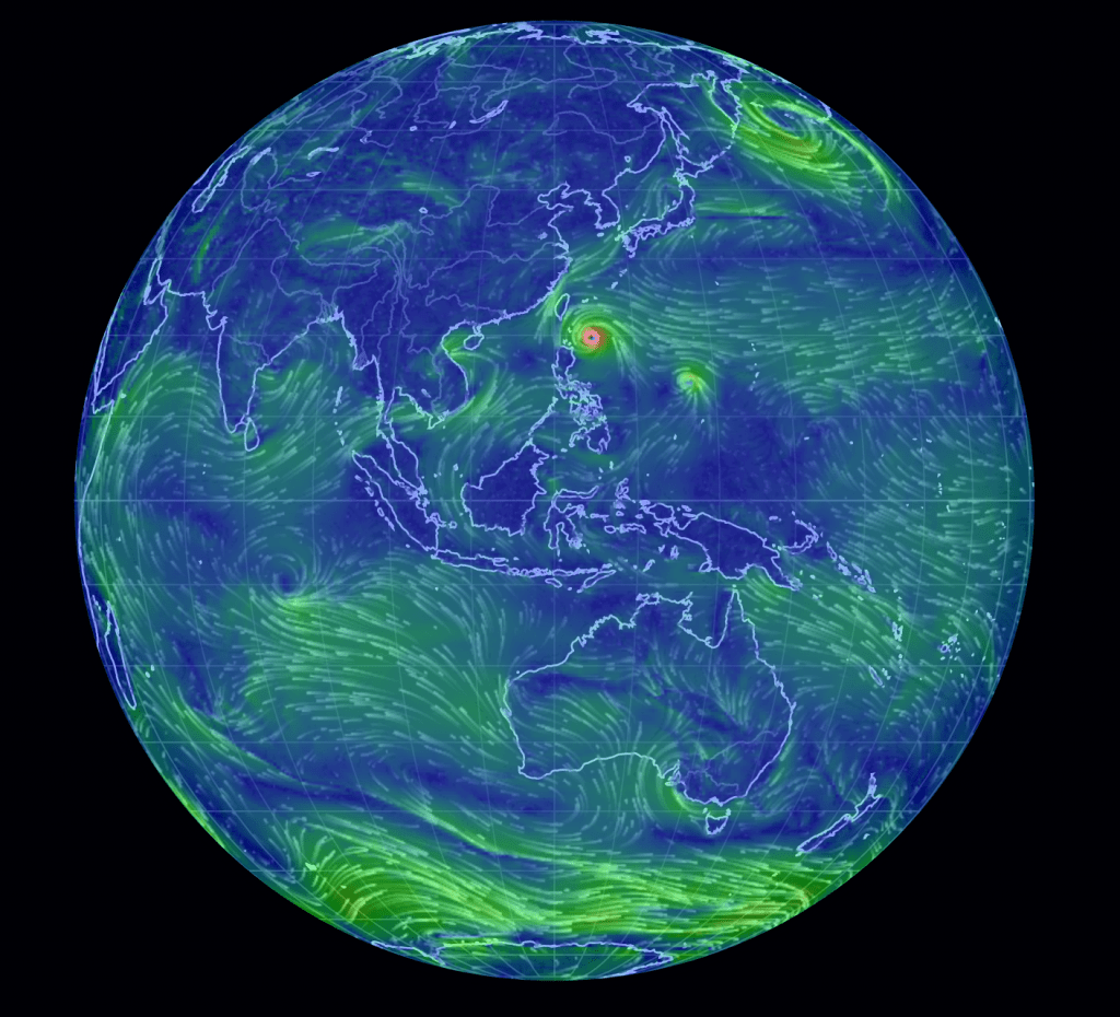 Imagen de un mapa de vientos donde se ve un tifón a punto de alcanzar Taiwán